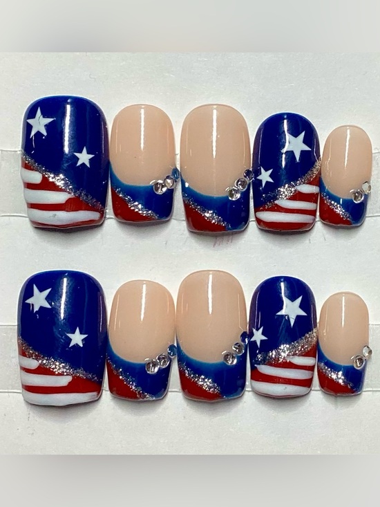 Handmade Other - Hand-painted 4th of July American Flag French Tip Square Press-On Nails Medium